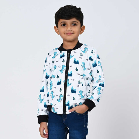 Blue dinosaur print bomber