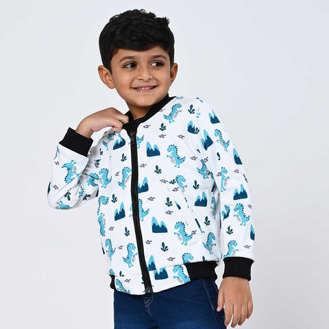 Blue dinosaur print bomber