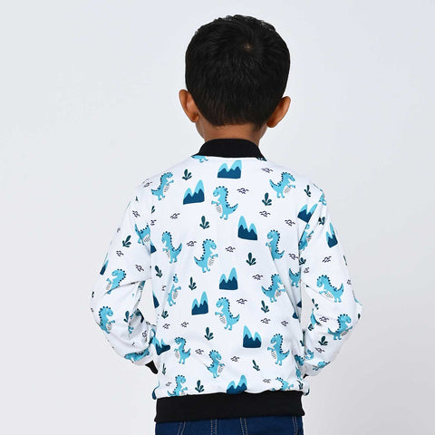 Blue dinosaur print bomber