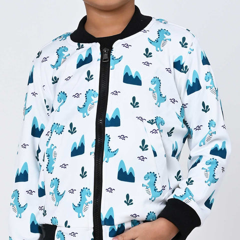 Blue dinosaur print bomber