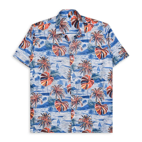 BLUE & ORANGE PALM TREE PRINTED SHIRT