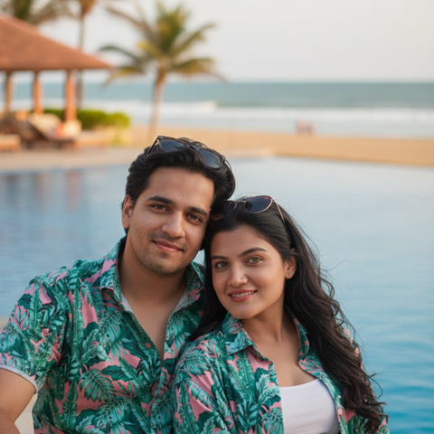 Pinkish green leaf Couple shirt