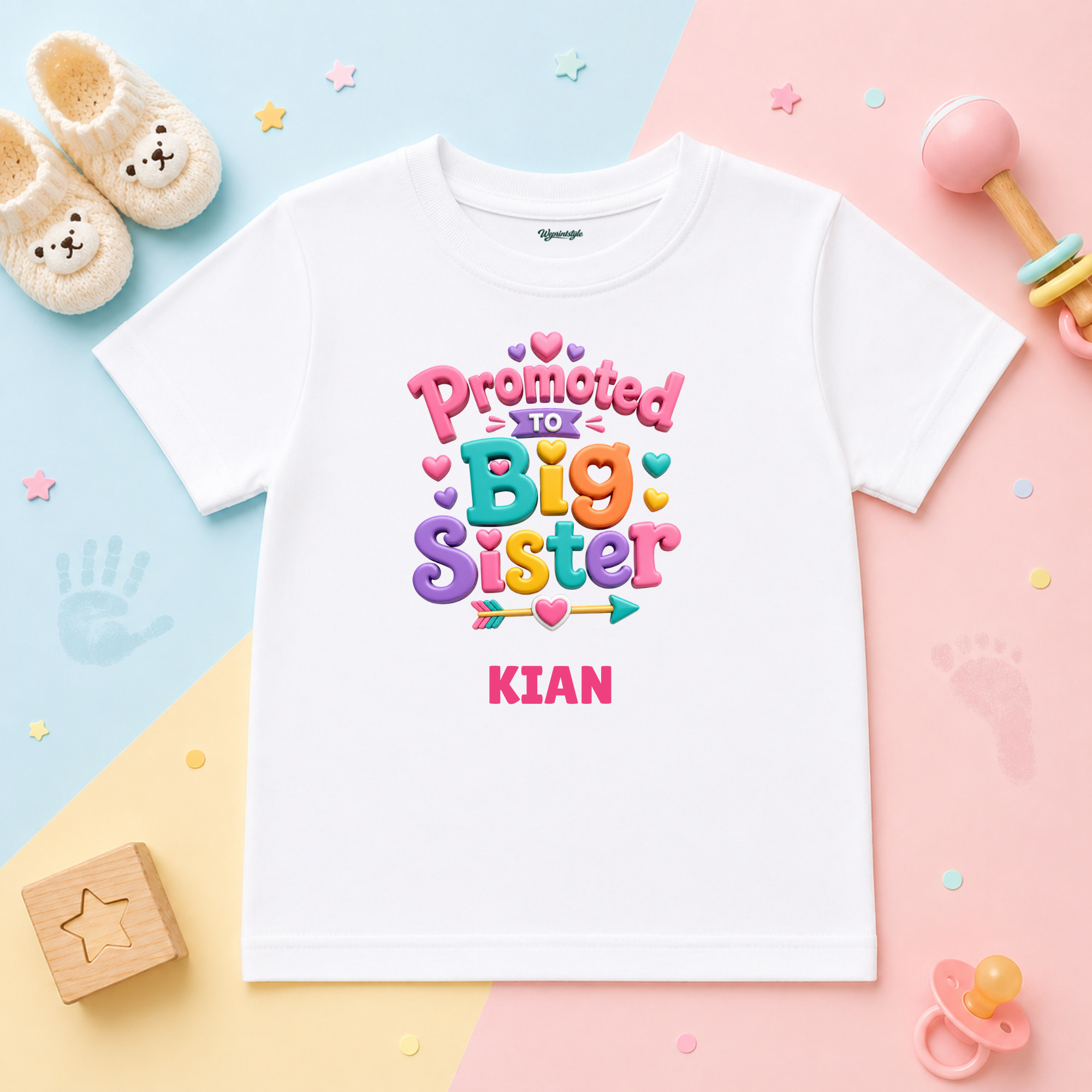Promoted to Big Sister Cute Hearts Custom Name Kids T Shirt