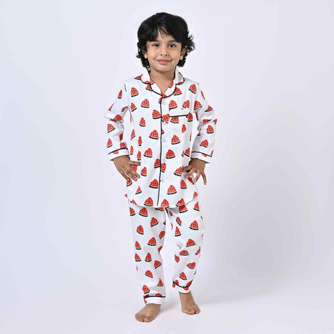 White Base Watermelon Printed Kids Night Suit