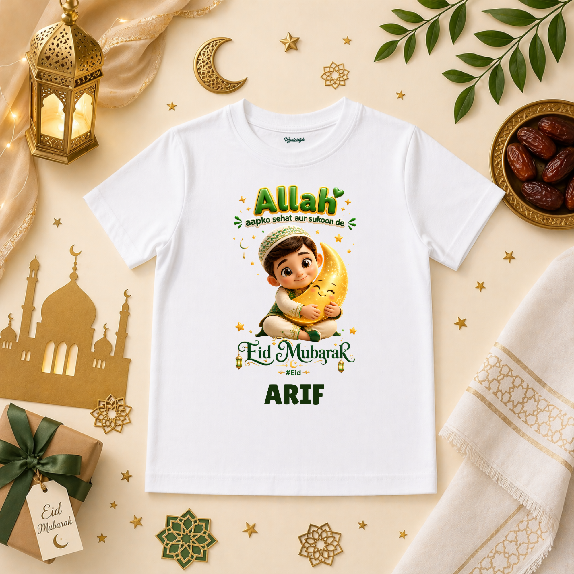 Cute Little Muslim Baby Eid Mubarak Outfit With Moon Hugging Character And Beautiful Dua For Peace
