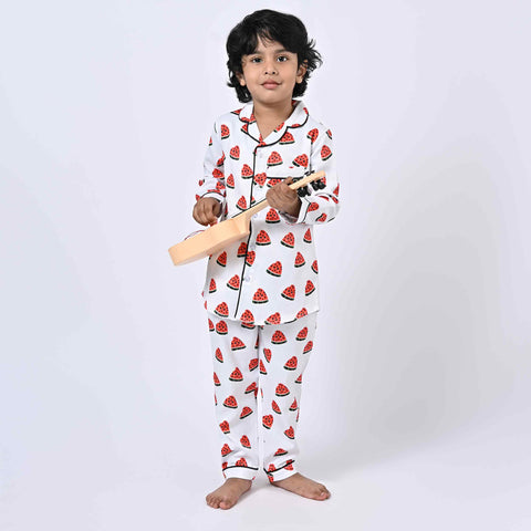 White Base Watermelon Printed Kids Night Suit