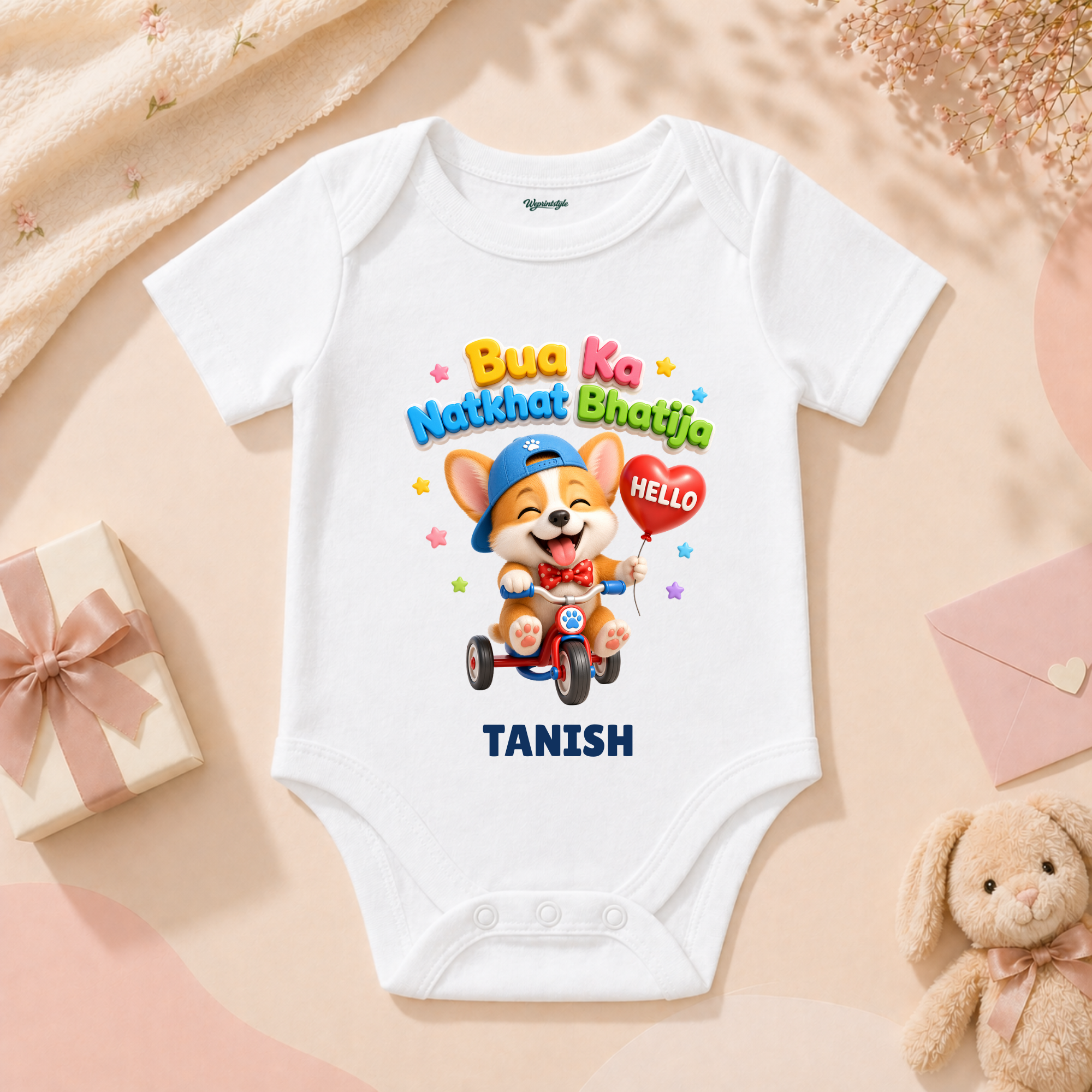 Playful Bua Ka Natkhat Bhatija Cute Puppy Riding Tricycle Baby Outfit With Fun Colors
