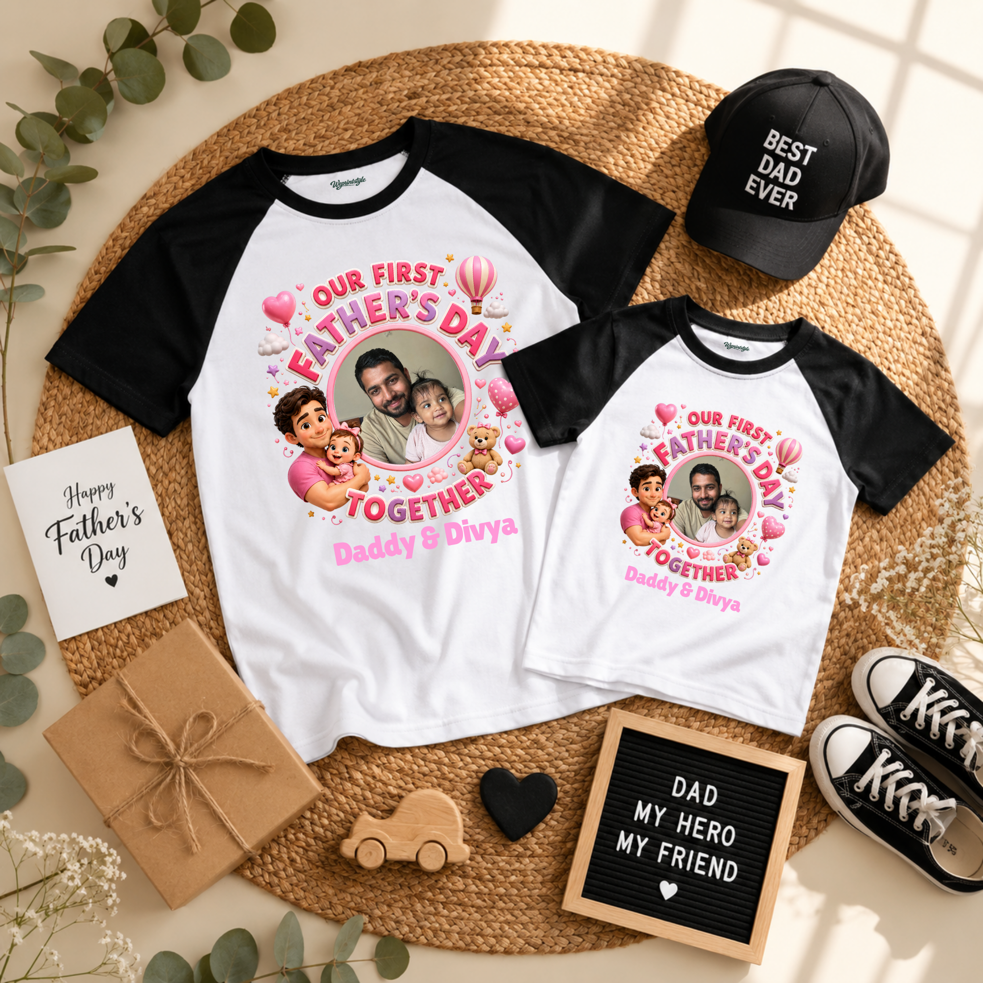 Our First Father’s Day Together Pink Personalized Raglan Combo T Shirt