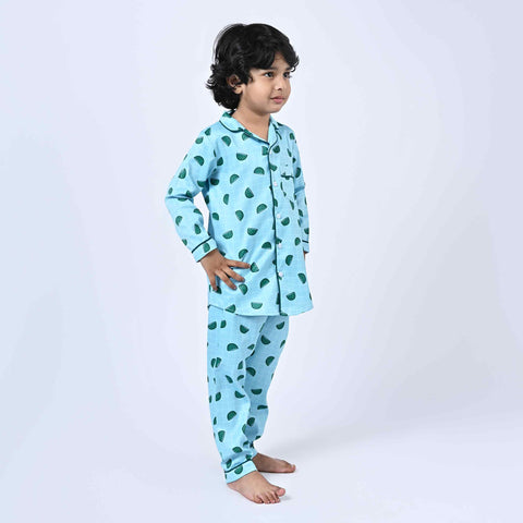 Blue Checks Watermelon Printed Kids Night Suit