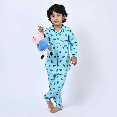 Blue Checks Watermelon Printed Kids Night Suit