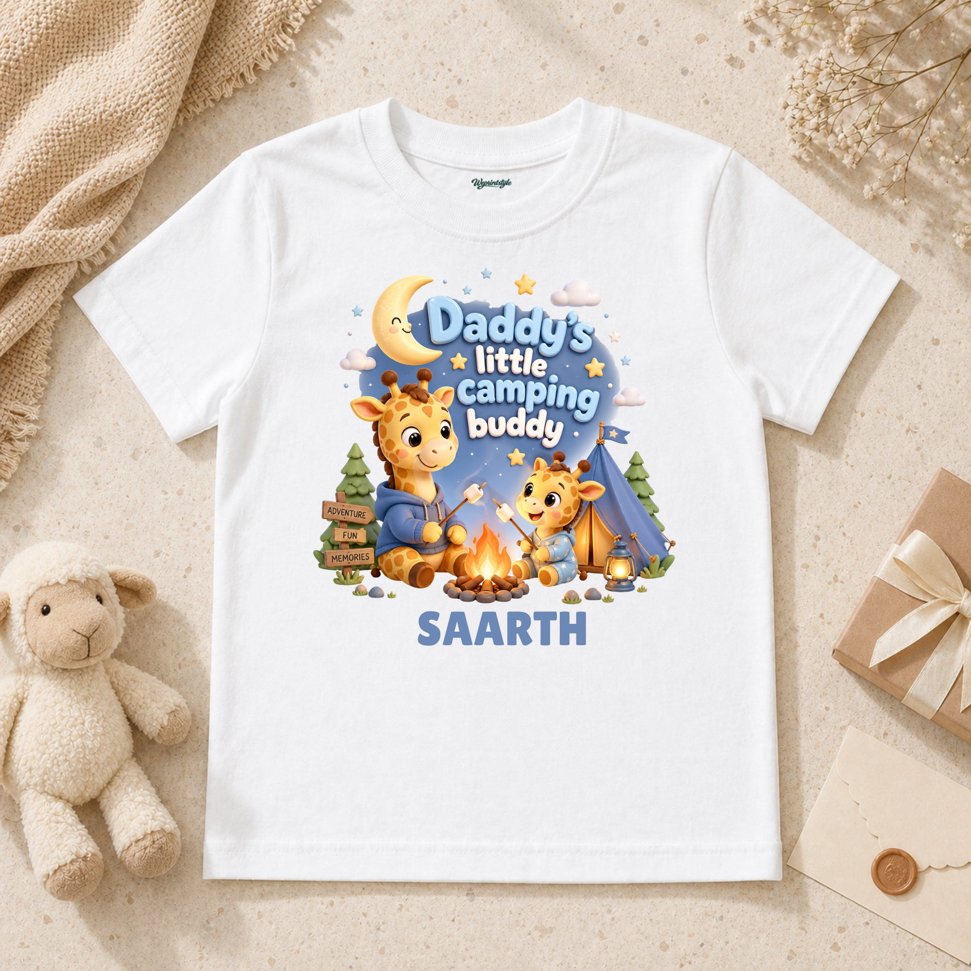 Adorable Daddy And Baby Giraffe Camping Night Campfire