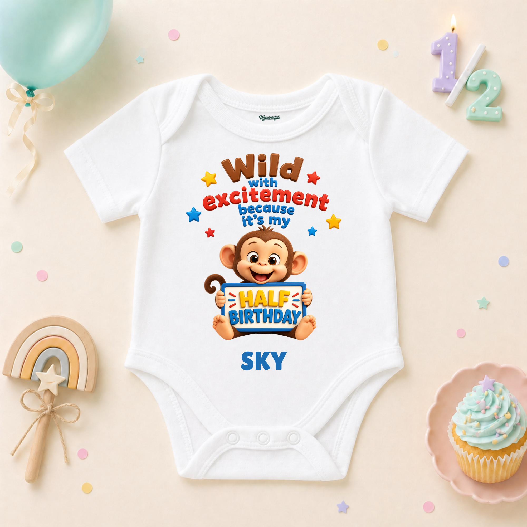Wild Monkey Half Birthday Personalized Name T-Shirt