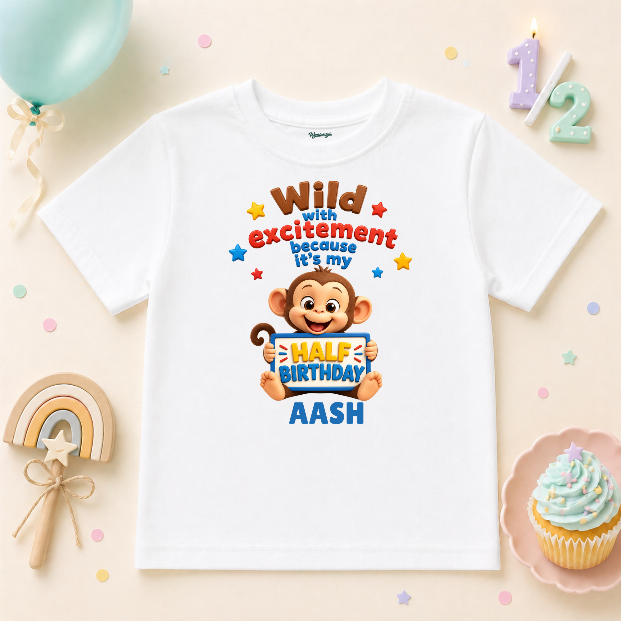 Wild Monkey Half Birthday Personalized Name T-Shirt