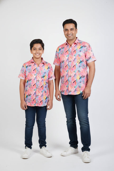 Pink Tropical Printed Unisex Couple Shirt
