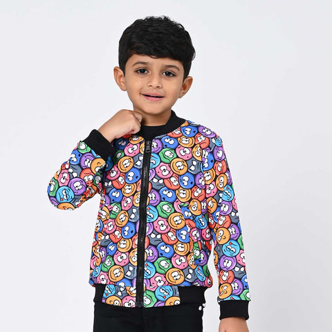 Multicolor smiley print bomber