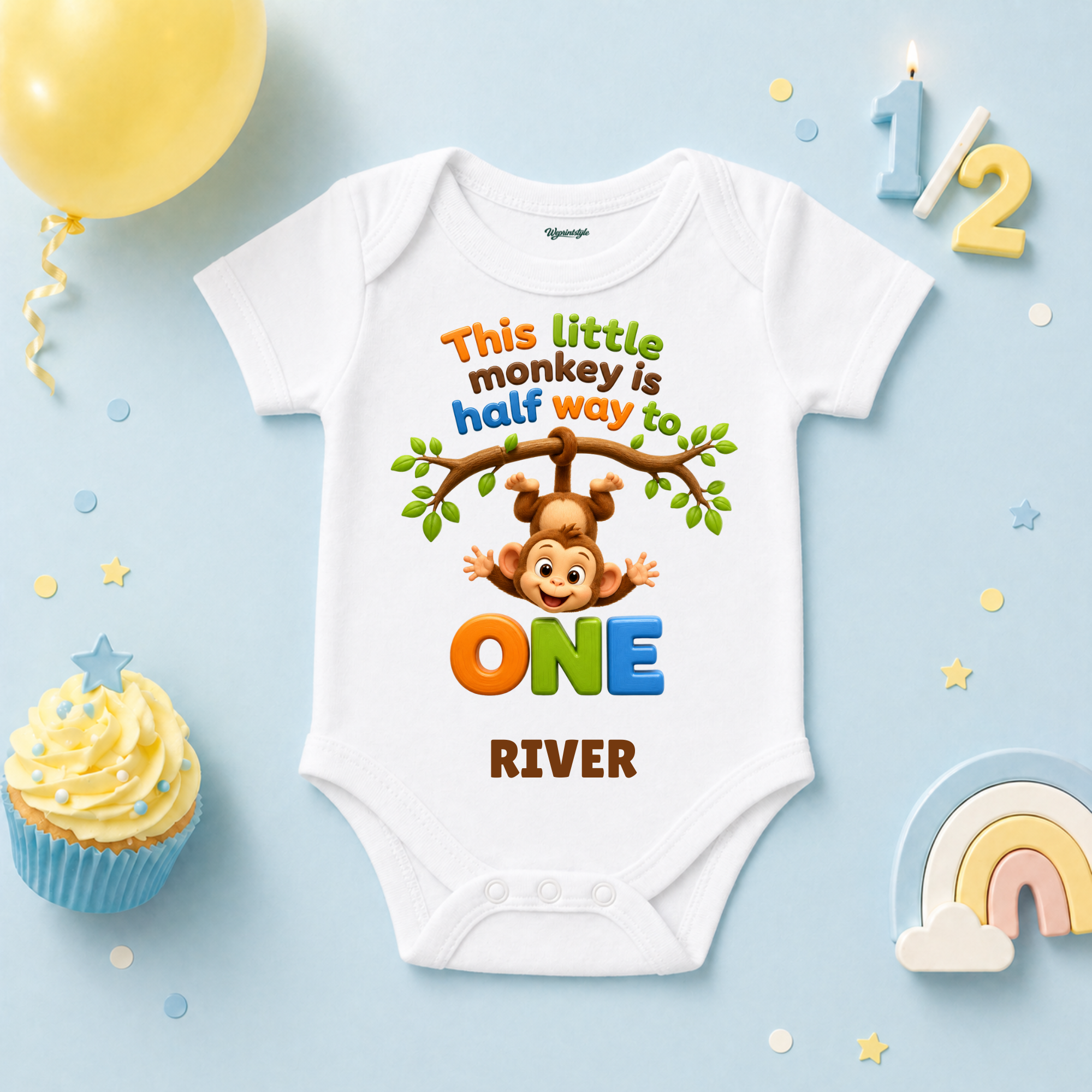 Half Birthday “This Little Monkey is Halfway to One” Personalized Name T-Shirt