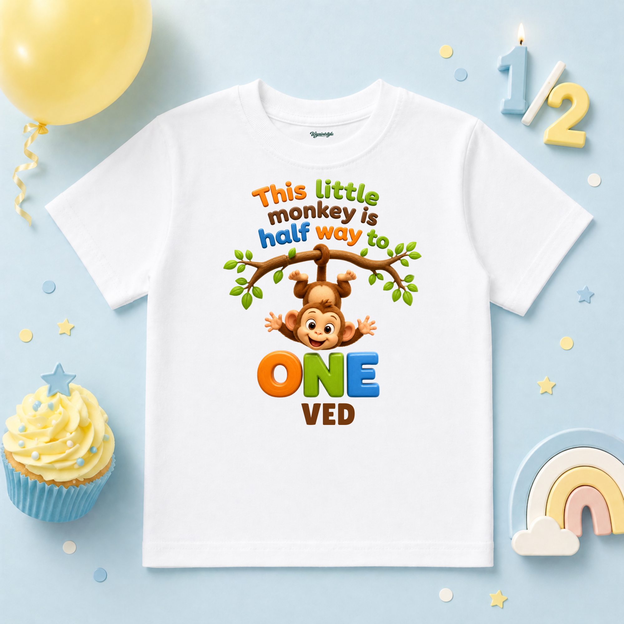 Half Birthday “This Little Monkey is Halfway to One” Personalized Name T-Shirt