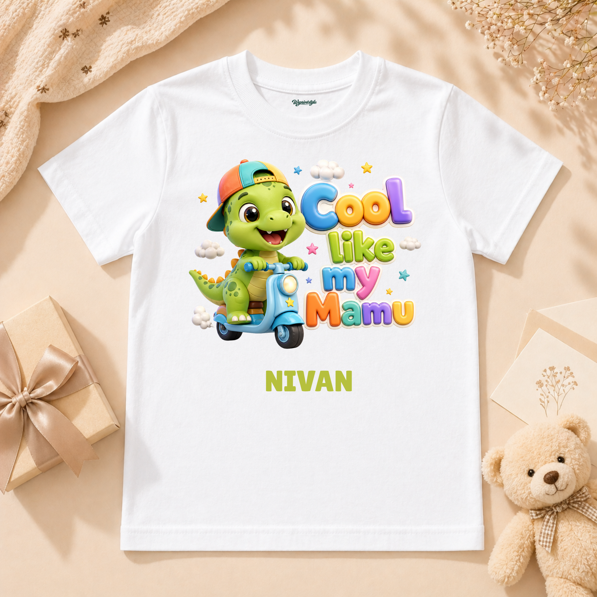 Cool Like My Mamu Cute Baby With Adorable Dinosaur Scooter