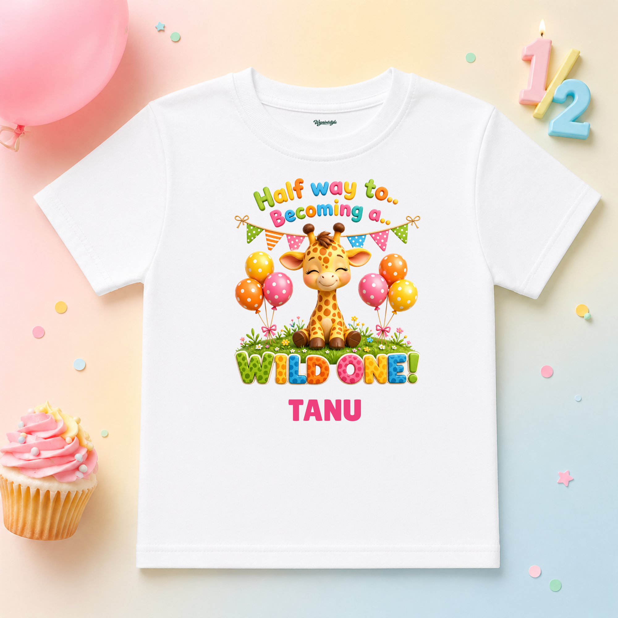 Kids Half Birthday “Halfway to Becoming a Wild One” Giraffe Personalized Name T-Shirt