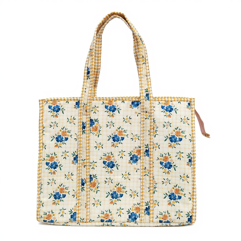 CHECKERED BLOSSOM PRINT SMALL TOTE BAG