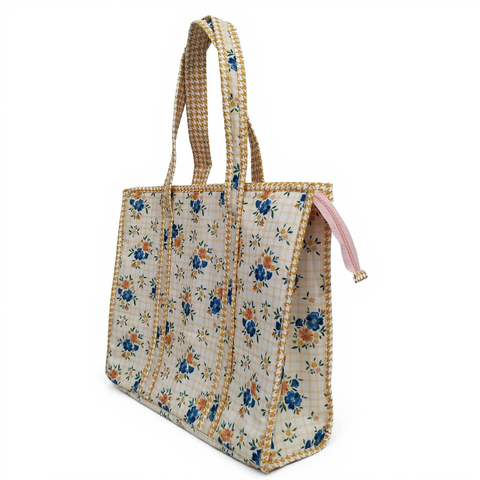 CHECKERED BLOSSOM PRINT SMALL TOTE BAG