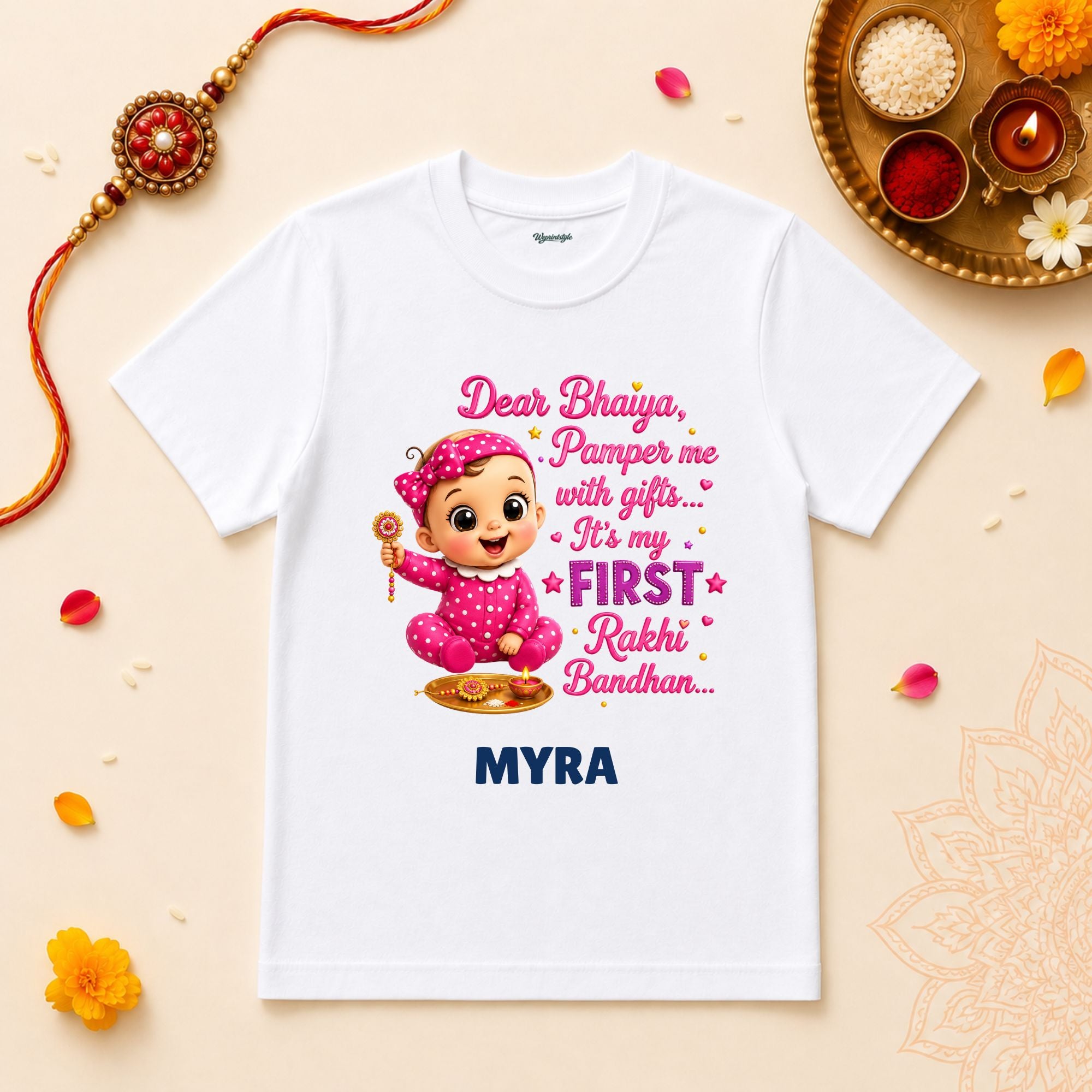 Dear Bhaiya Pamper Me – My First Rakhi Personalized Rakshabandhan Baby T-Shirt