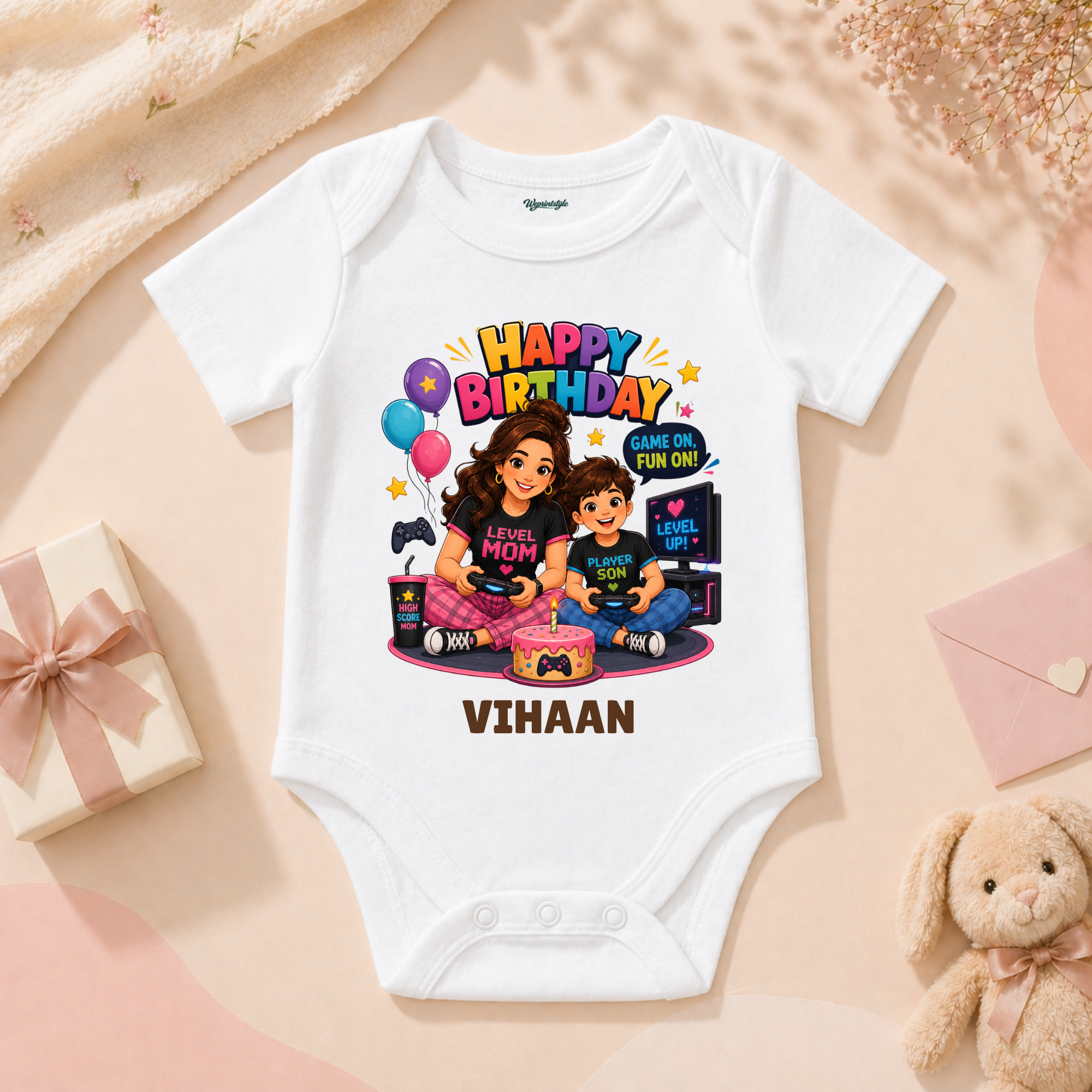 Cute Gaming Mom & Son Custom Name Birthday Tee