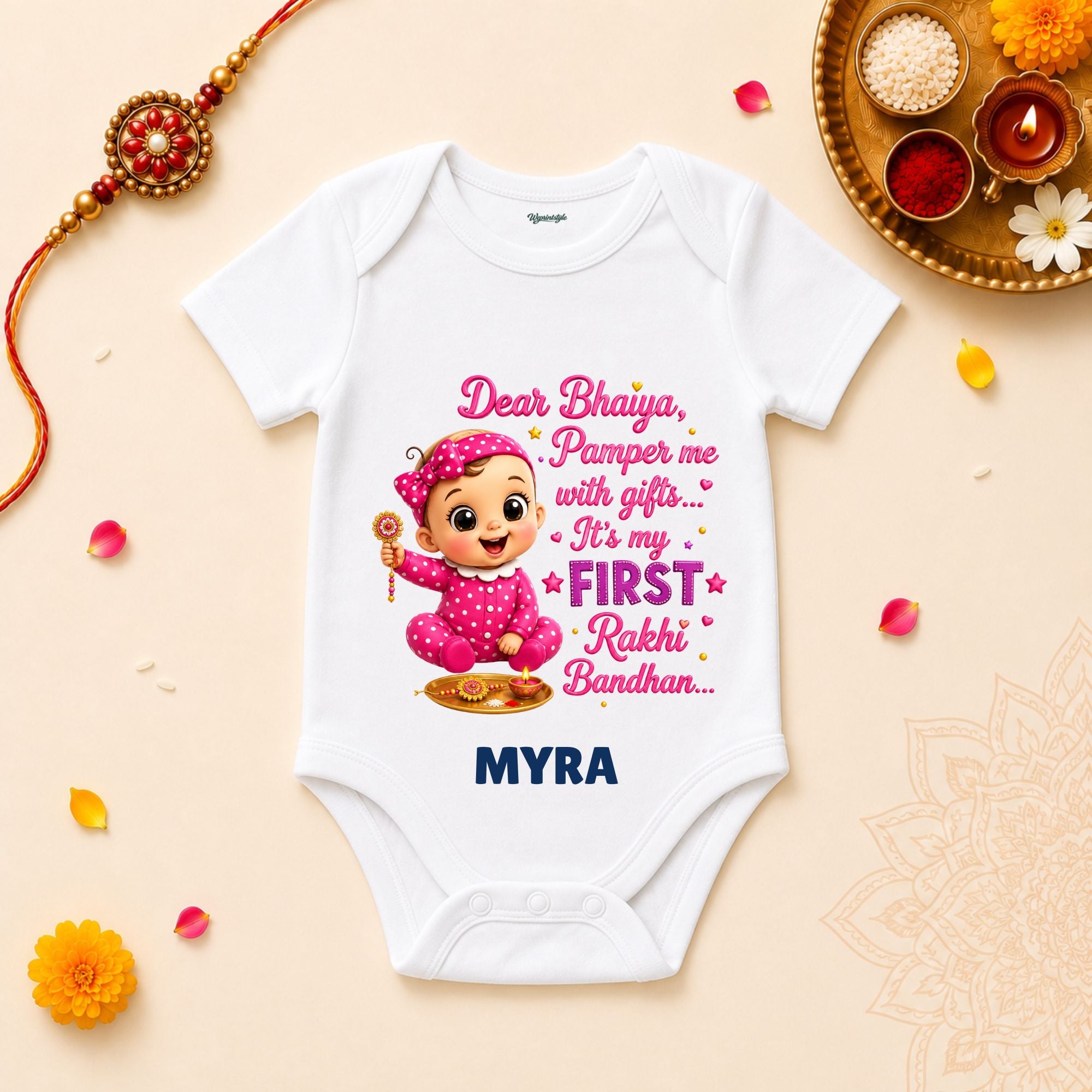 Dear Bhaiya Pamper Me – My First Rakhi Personalized Rakshabandhan Baby T-Shirt