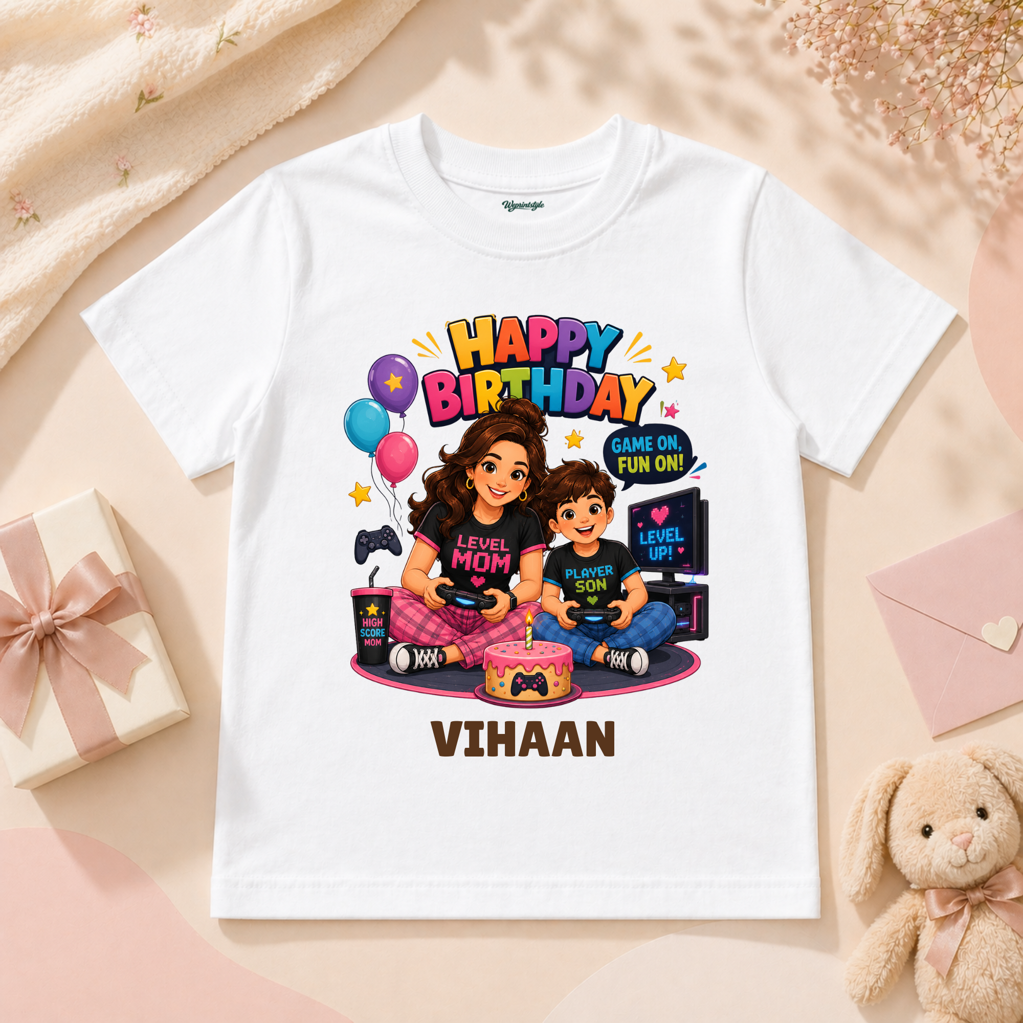 Cute Gaming Mom & Son Custom Name Birthday Tee