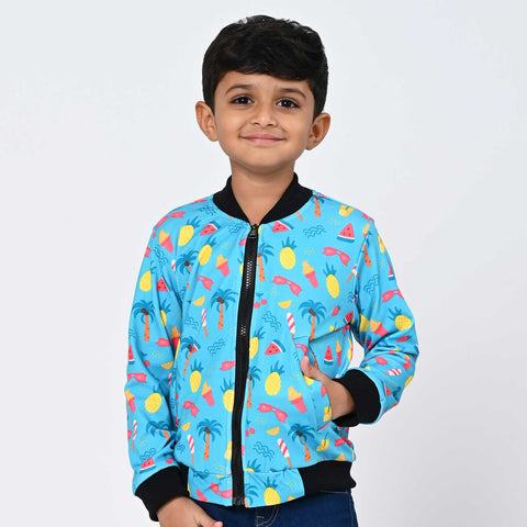 Blue tropical print bomber