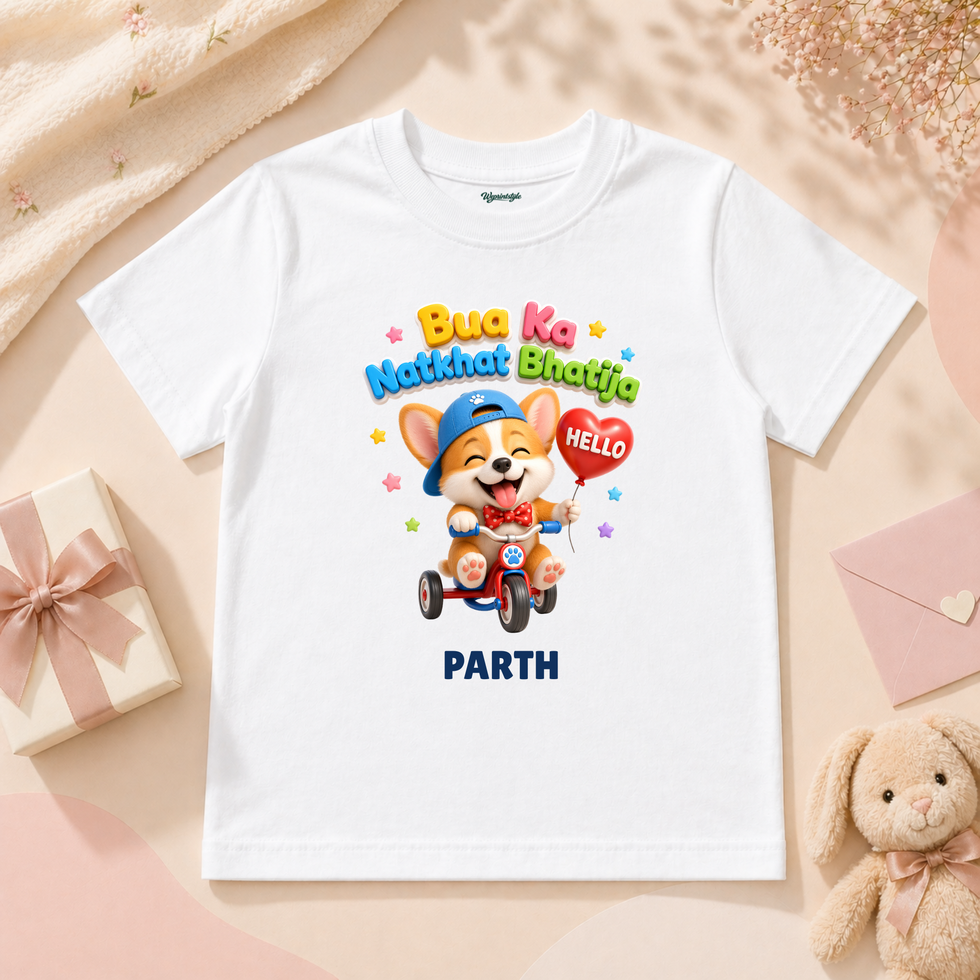 Playful Bua Ka Natkhat Bhatija Cute Puppy Riding Tricycle Baby Outfit With Fun Colors