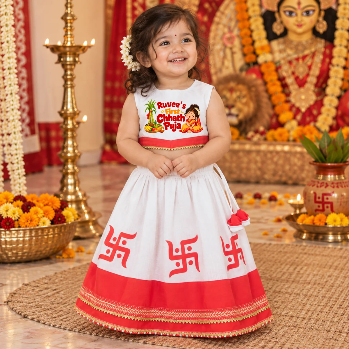 White & Red Lehnga Set For Chhath Puja