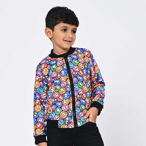 Multicolor smiley print bomber