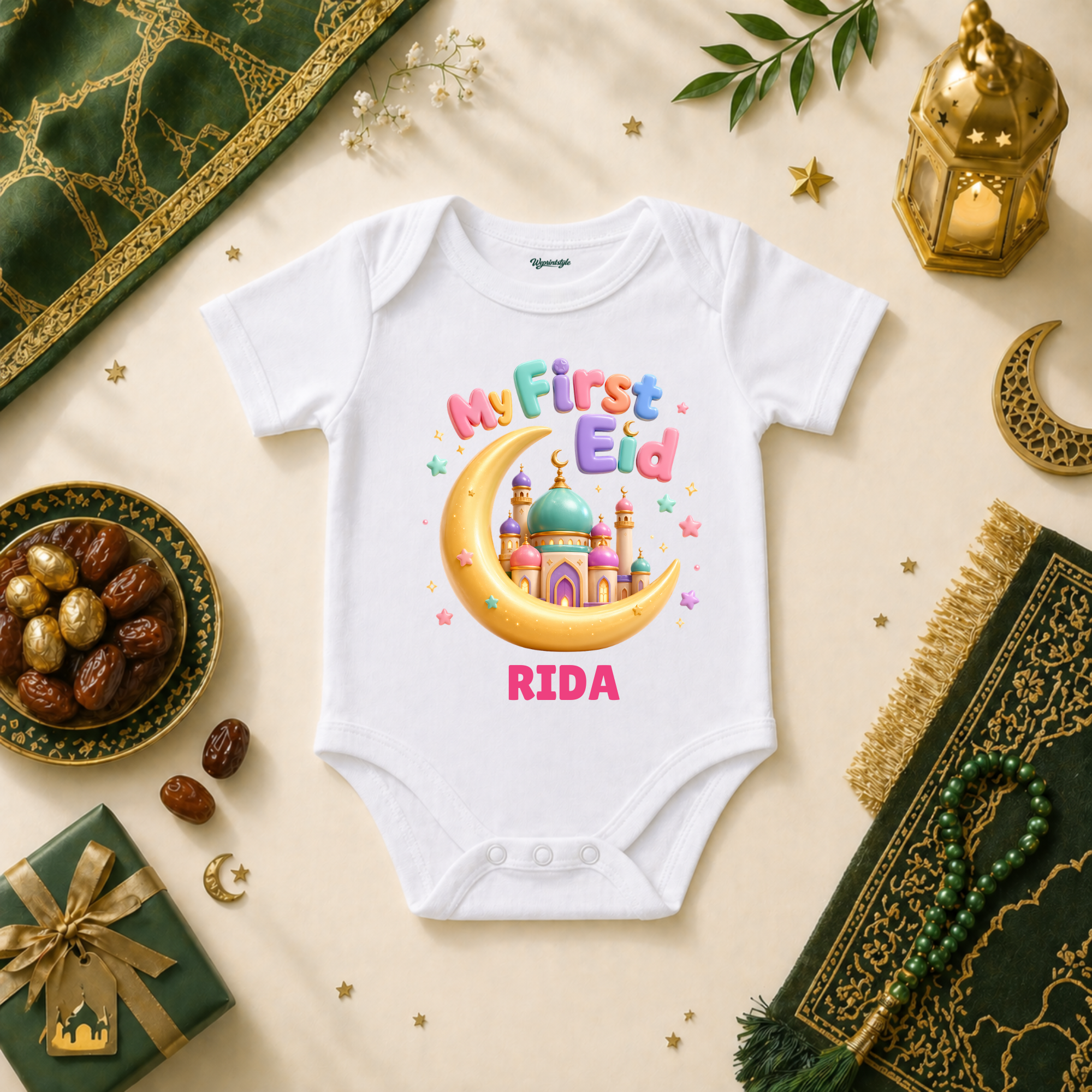 Cute Baby Girl My First Eid Celebration Outfit With Crescent Moon Mosque