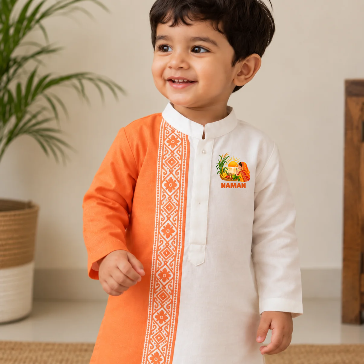 Chhath Puja Orange Kurta Pajama Set
