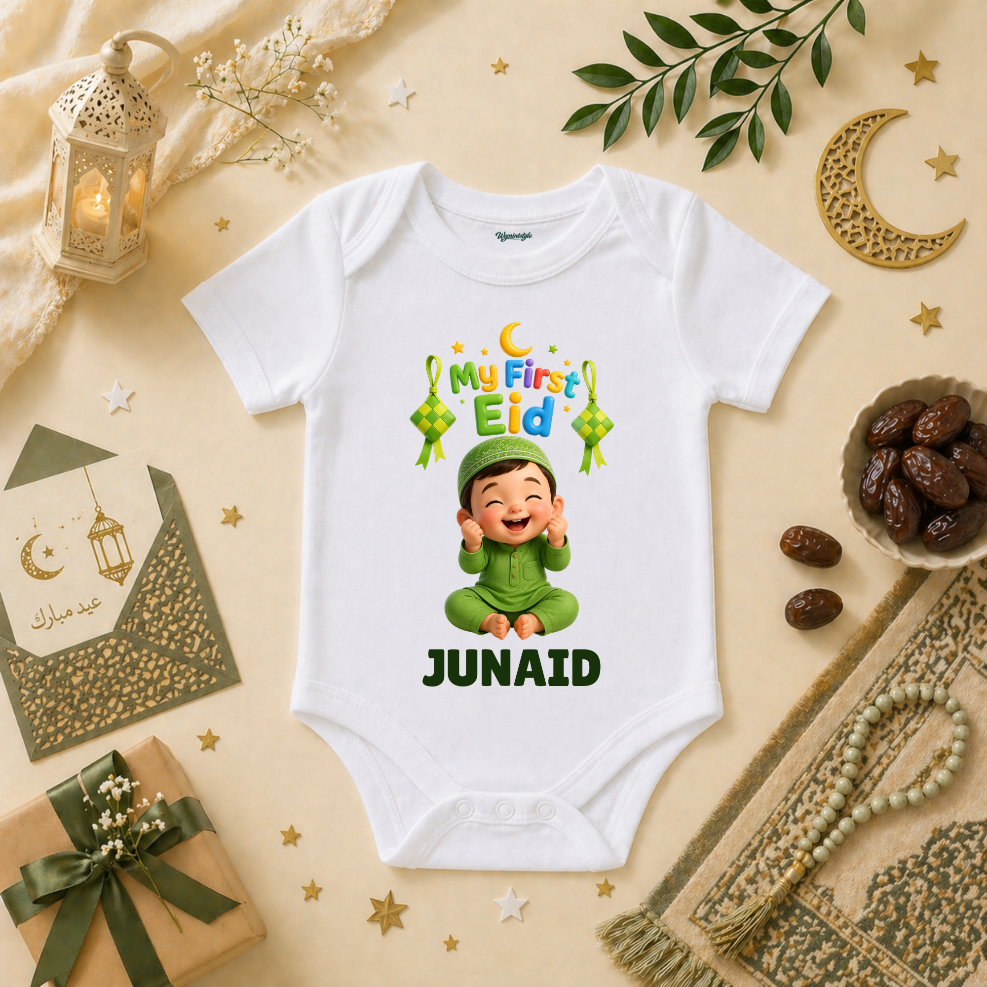 Lovely Baby Boy Eid Mubarak Crescent Moon And Stars
