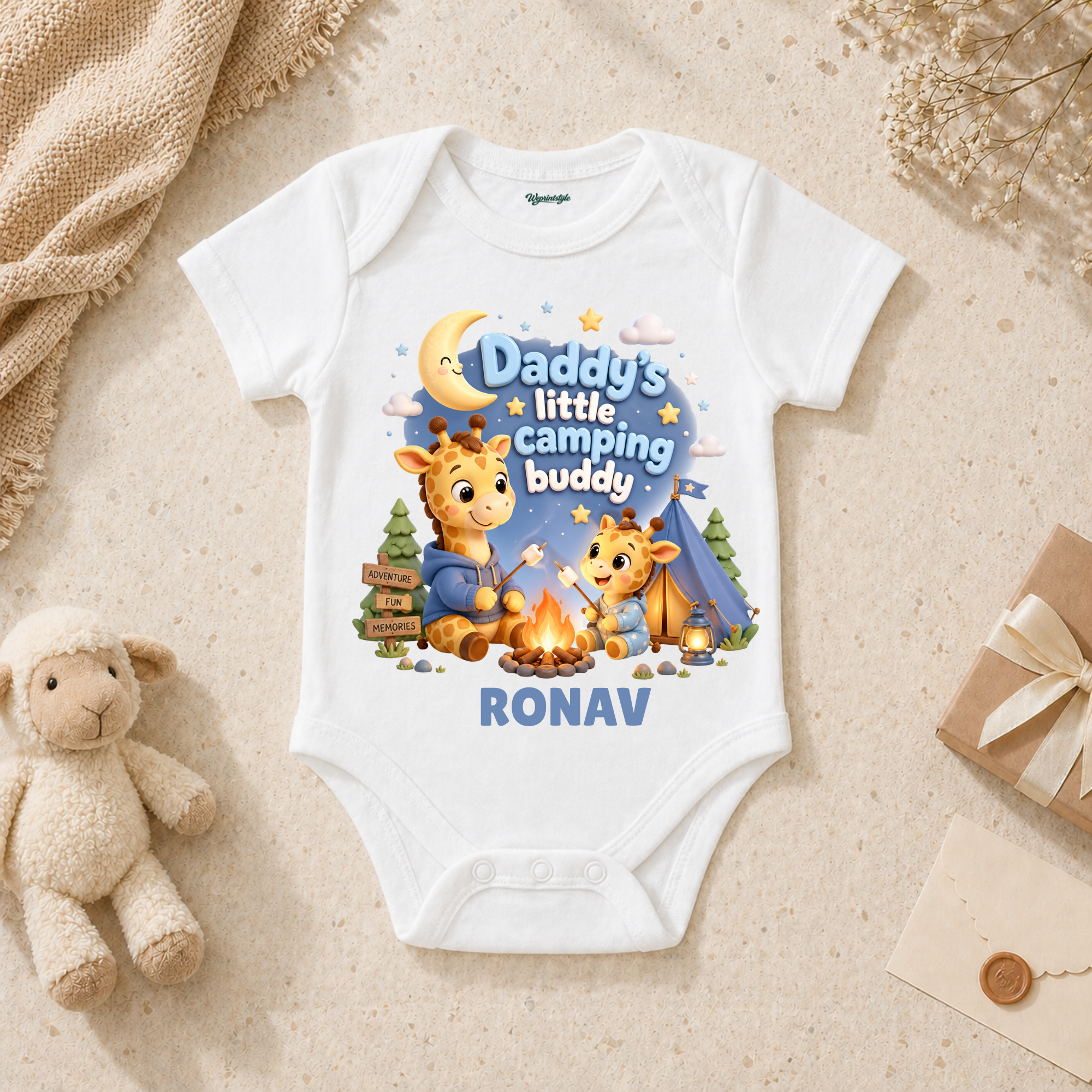 Adorable Daddy And Baby Giraffe Camping Night Campfire