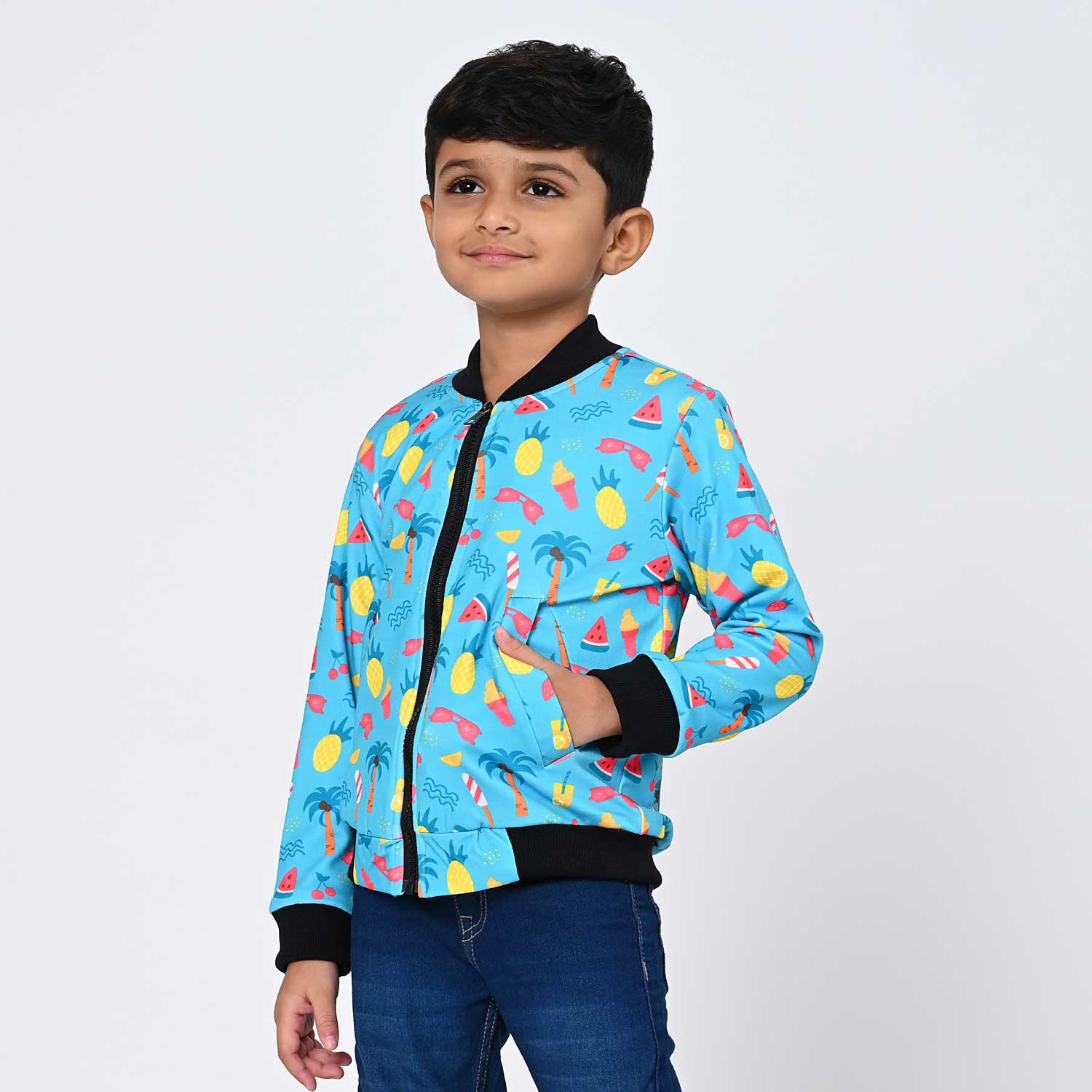 Blue tropical print bomber