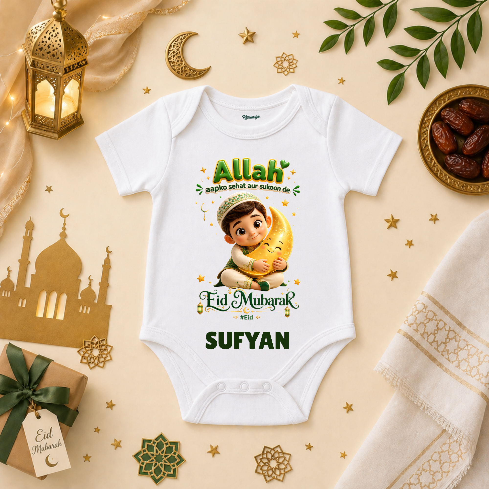 Cute Little Muslim Baby Eid Mubarak Outfit With Moon Hugging Character And Beautiful Dua For Peace