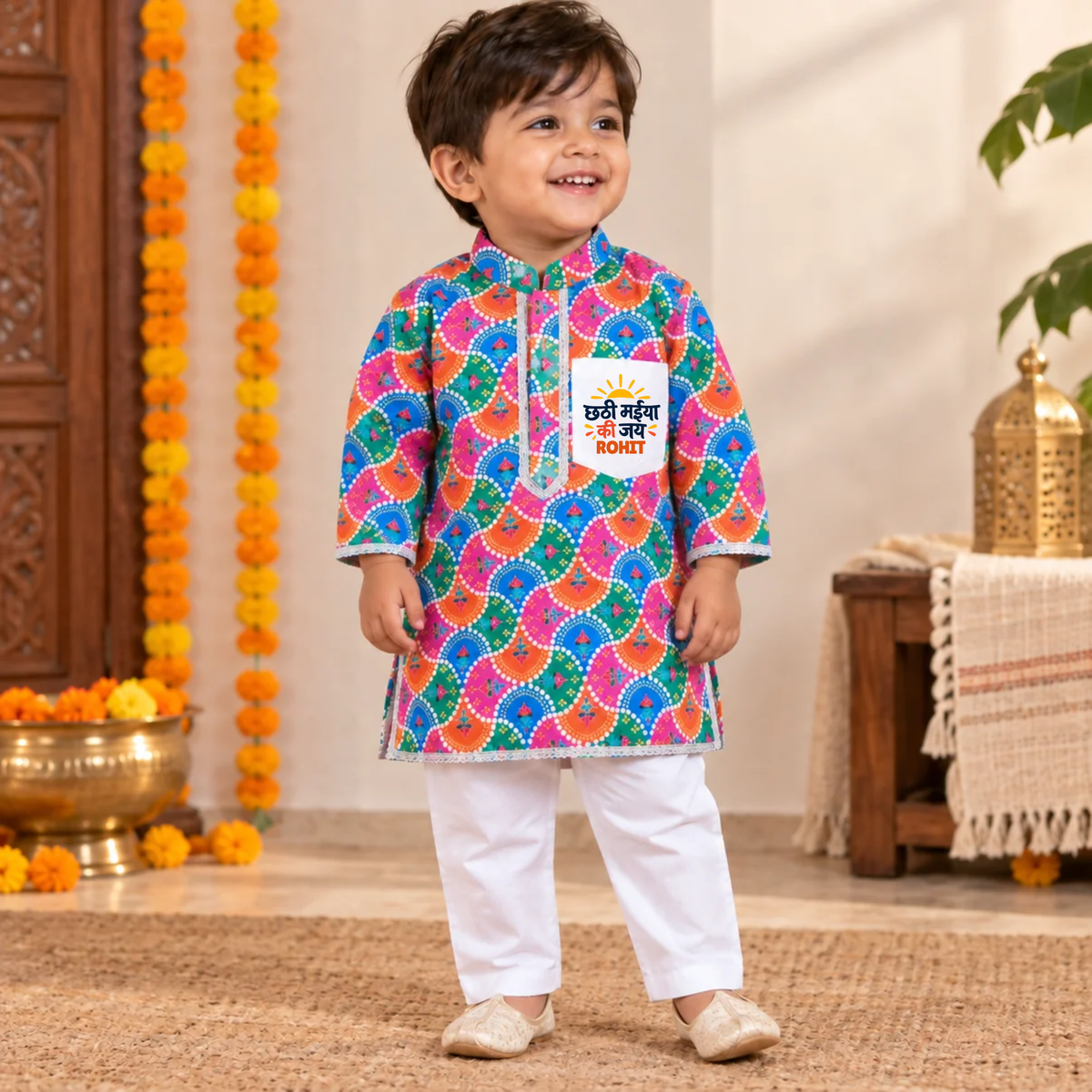 Chhathi Maiya Ki Jai Printed Kurta Pajama Set for Boys