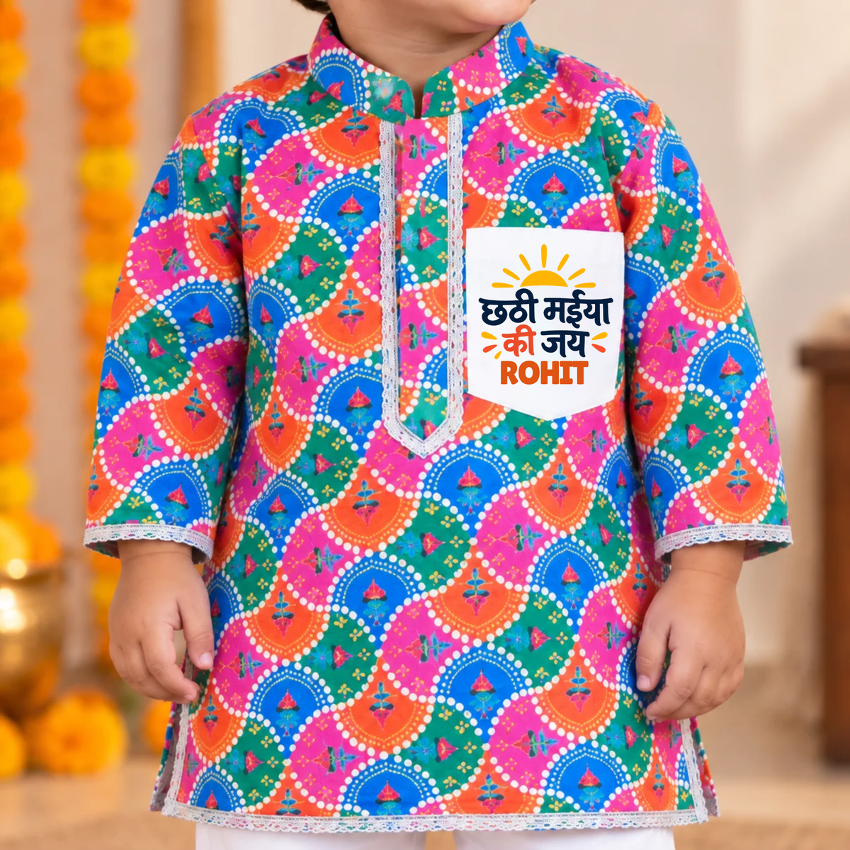 Chhathi Maiya Ki Jai Printed Kurta Pajama Set for Boys