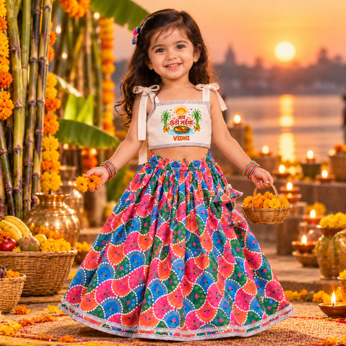 Chhathi Maiya Ki Jai Printed Lehenga Set for Girls