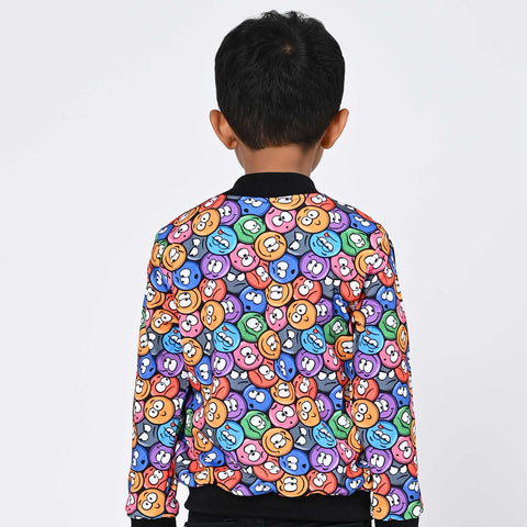 Multicolor smiley print bomber