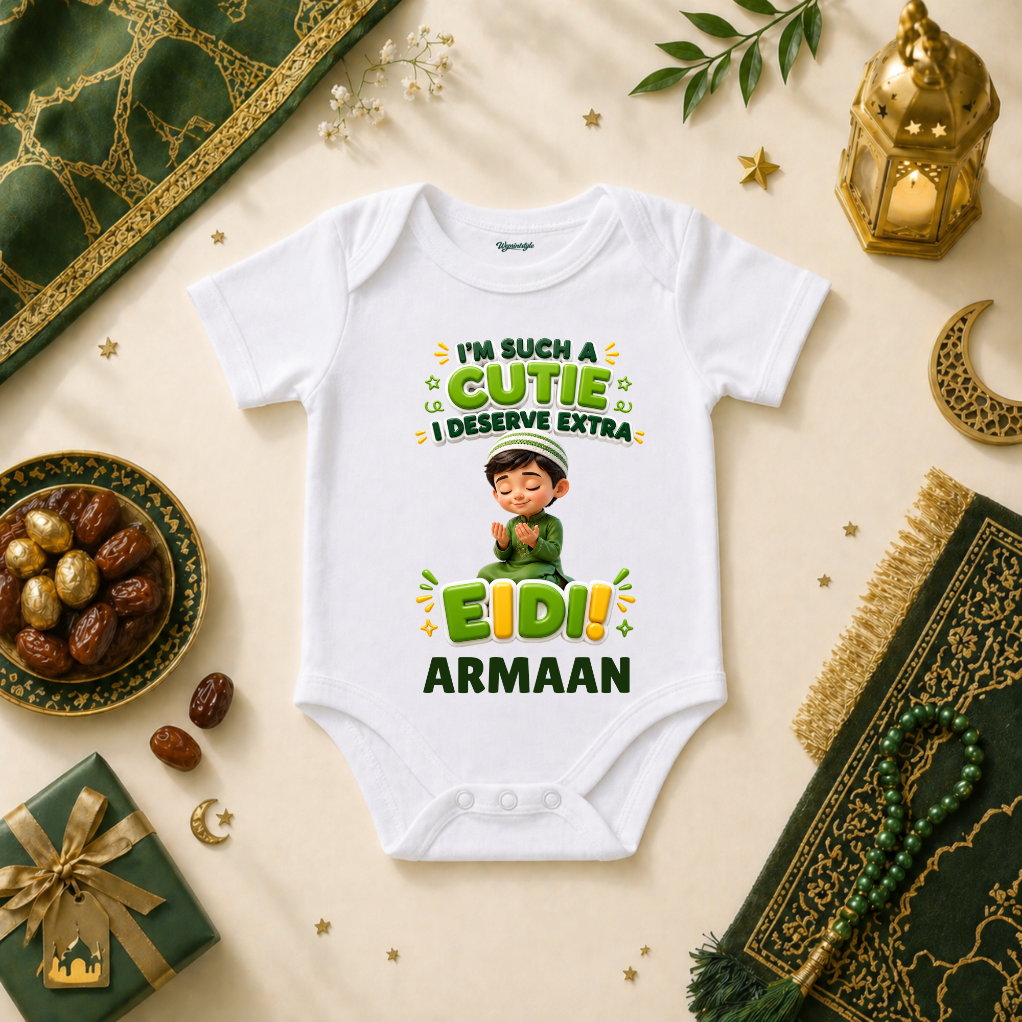 Playful Baby Eid Outfit With Cute Character And Funny Eidi Demand Message