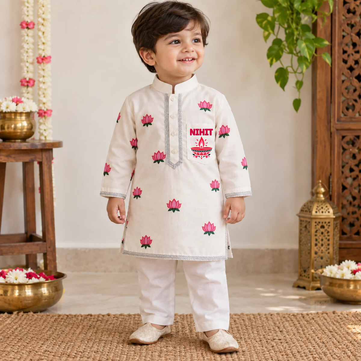 Lotus Diwali kids Kurta customize pocket Set