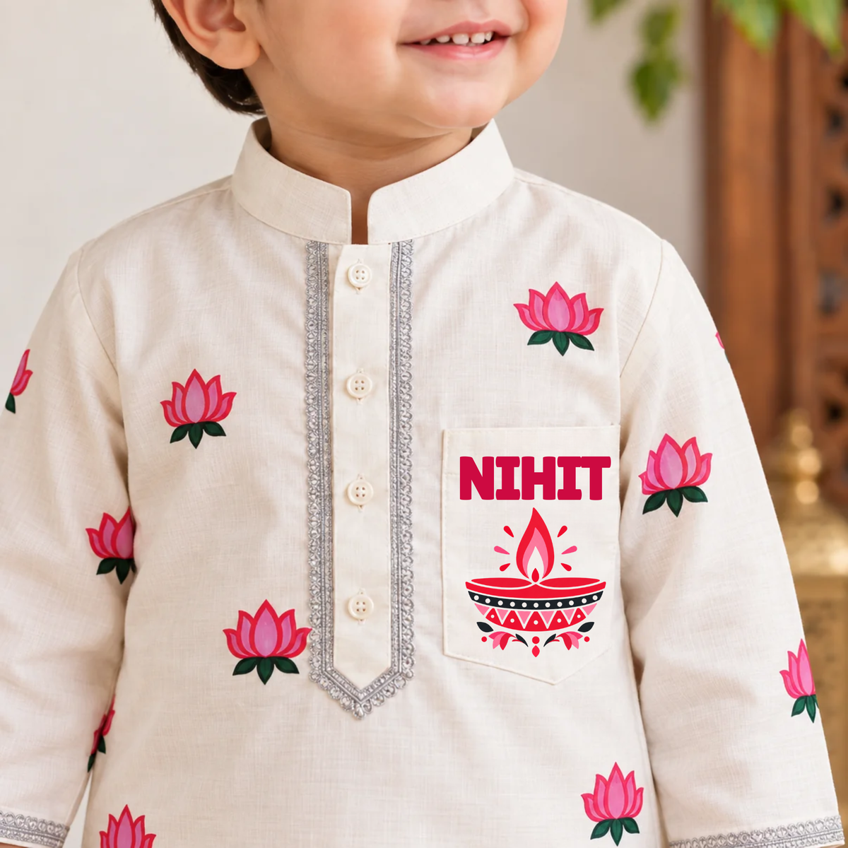 Lotus Diwali kids Kurta customize pocket Set