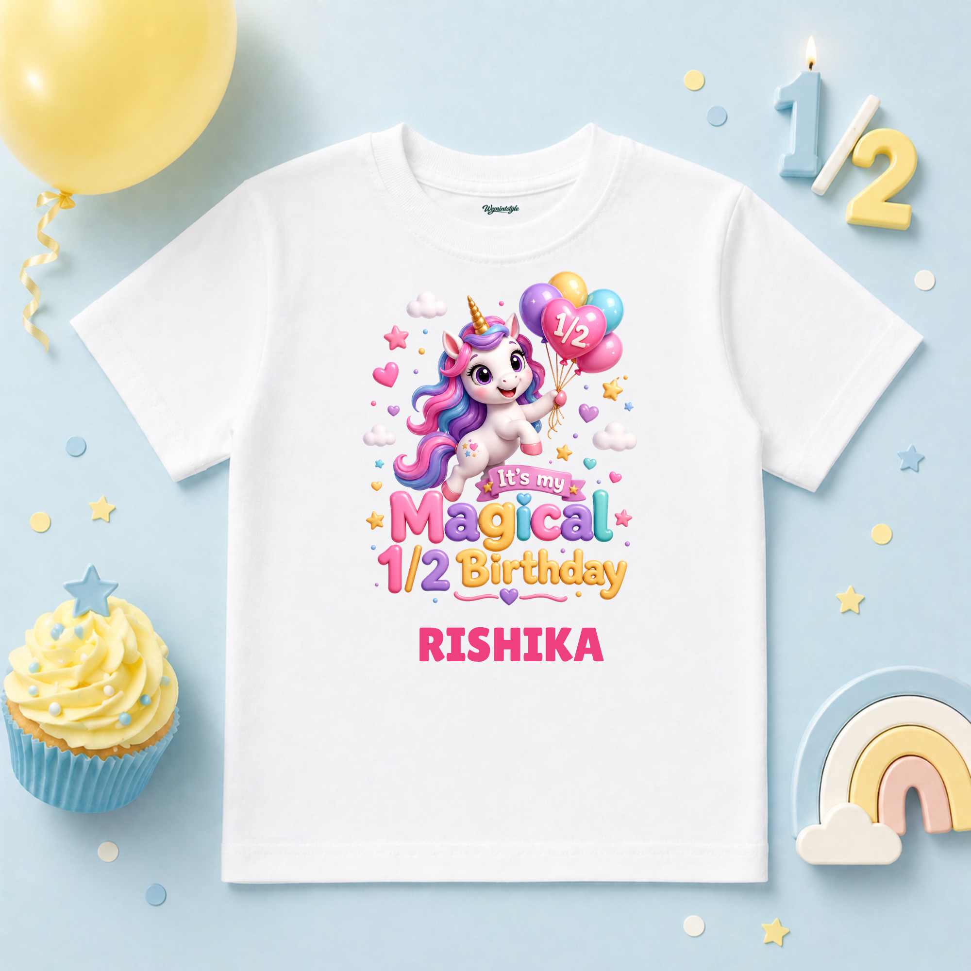 Magical Half Birthday Unicorn Custom Name T Shirt