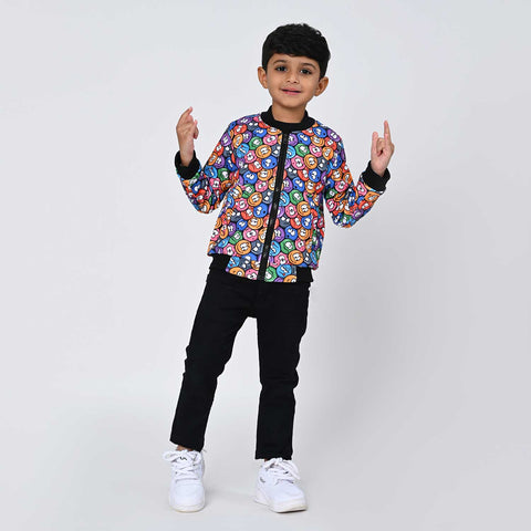 Multicolor smiley print bomber