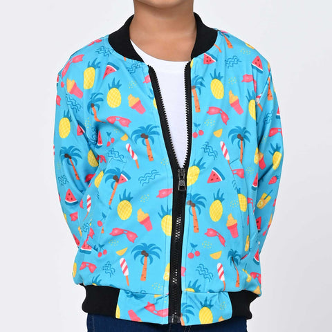 Blue tropical print bomber