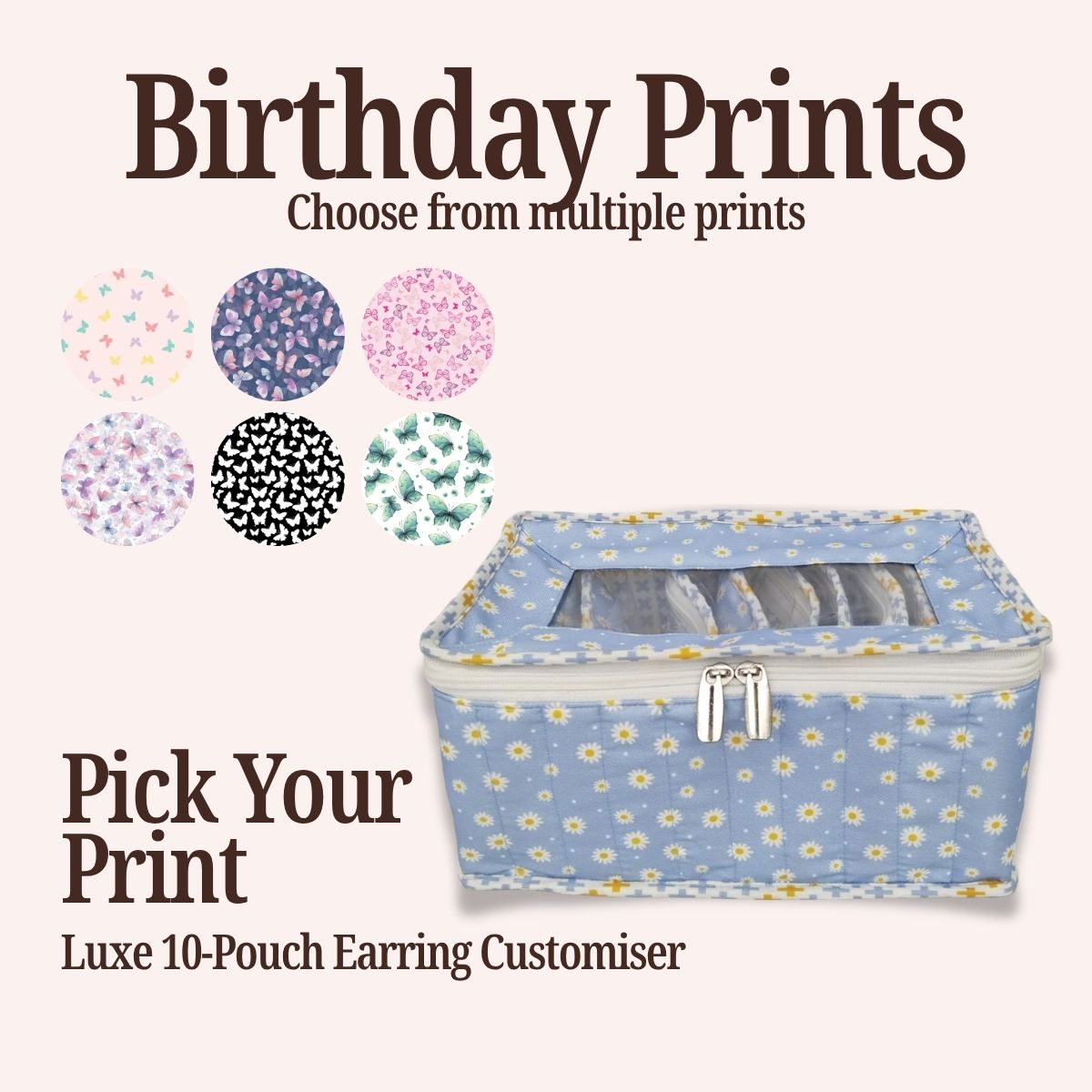 HAPPY BIRTHDAY PRINT LUXE 10-POUCH EARRING ORGANIZER CUSTOMISER